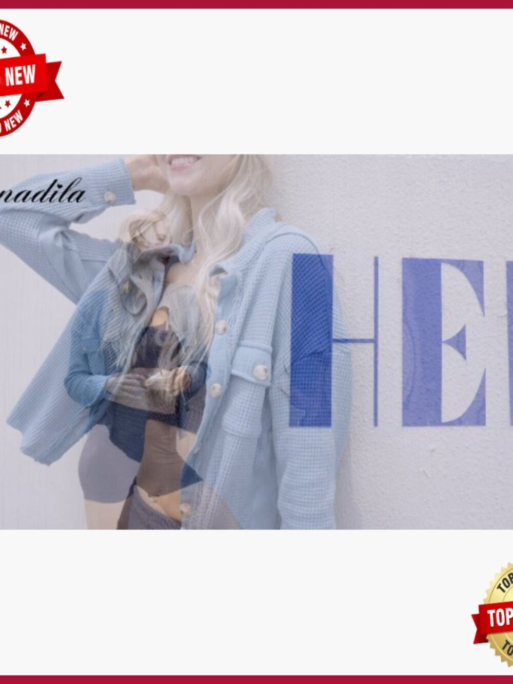 Cropped Waffle Knit Shacket Batwing Sleeve Button Down Jacket with Pocket - Picture 6 of 6